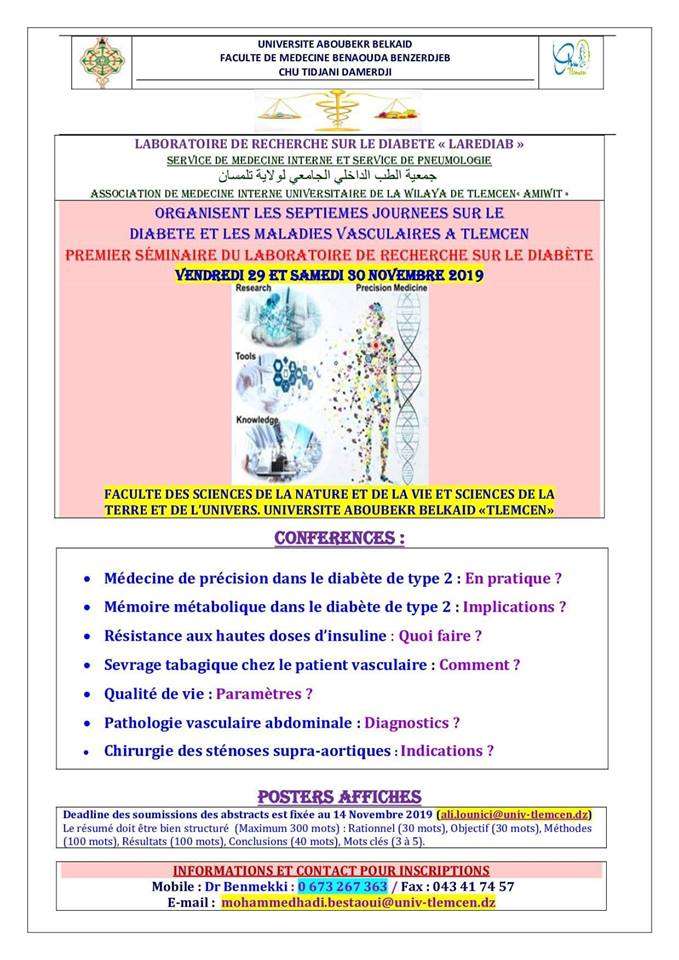 07 ème Journées du Diabète et les Maladies Vasculaires- Les 29-30 novembre 2019, Tlemcen