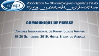 COMMUNIQUE DE PRESSE : Congrès International de Rhumatologie, 19-20 Septembre 2019, Hôtel Sheraton Annaba